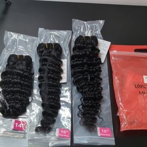 Deep Wave Human Hair Extensions Bundles Natural Black (14", 16", 18") 12A Weave